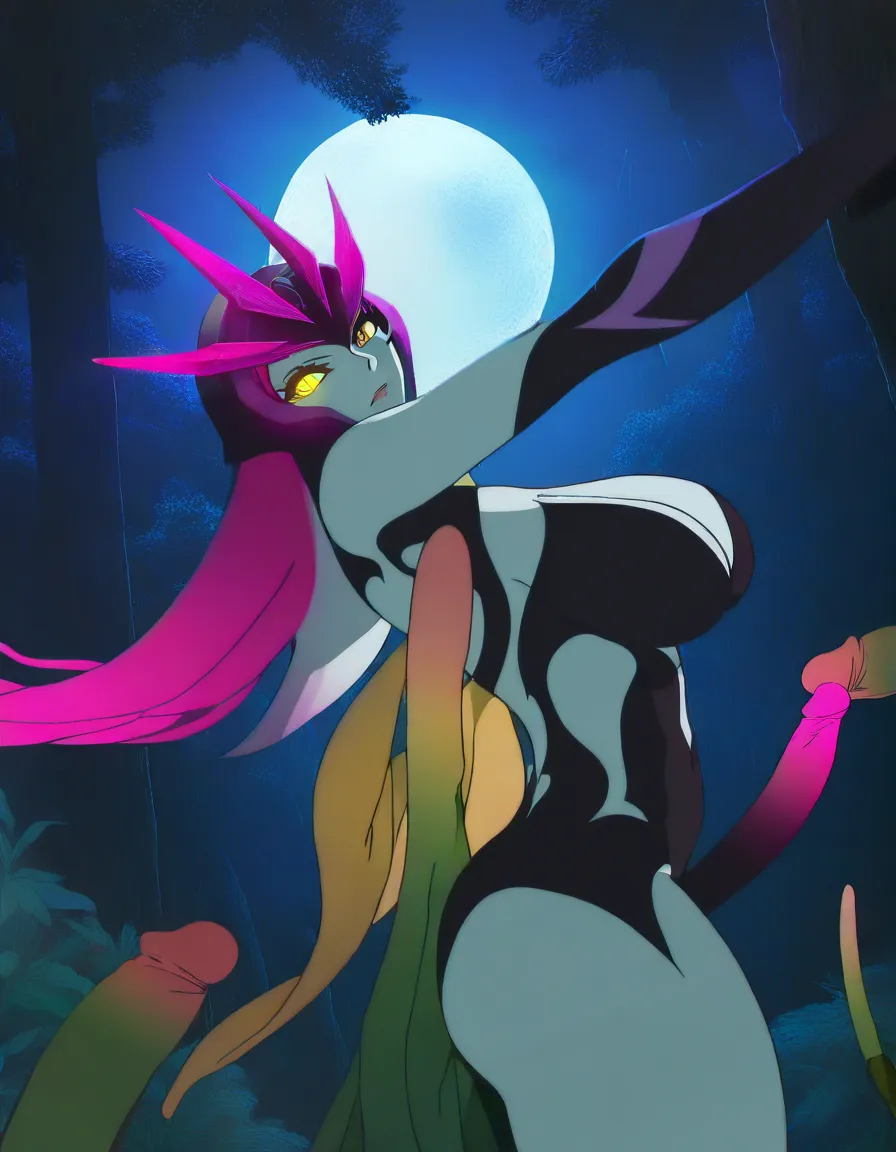 Anime league of legends evelynn big breasts wide hips yellow eyes white skin light blue skin hot pink hair in a forest at night low lighting full moon sucking a cock behind Bushes, hentai_studio_quality, (anime style:1.3), 2d, anime screencap, cel shading, flat color