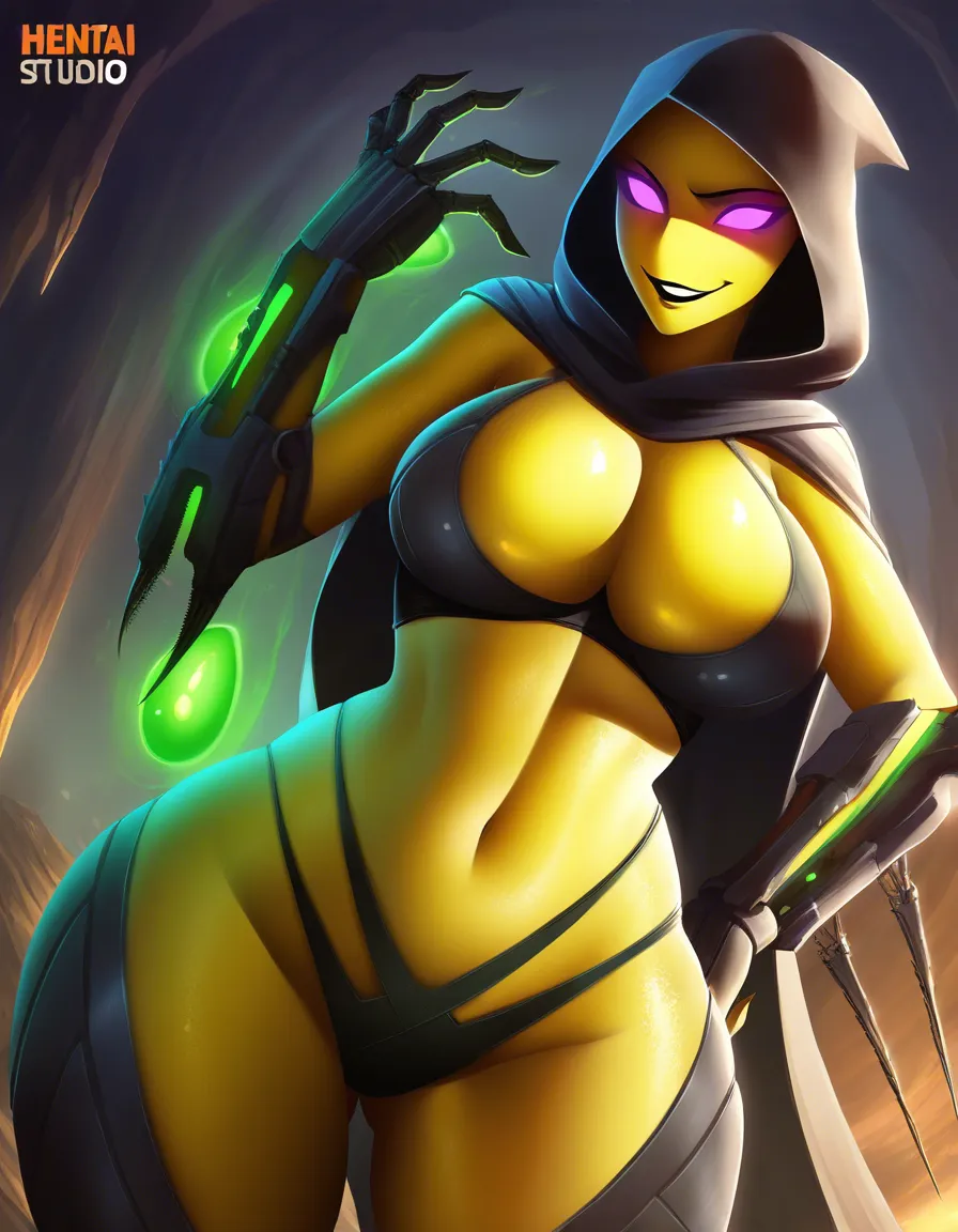 Anime mortal kombat d'vorah big breasts wide hips violet eyes yellow skin organic exoskeleton black hood and Cloak Insectoid in a cave full of green glowing eggs low lighting sexy pose hand on hip Seductive smile, hentai_studio_quality