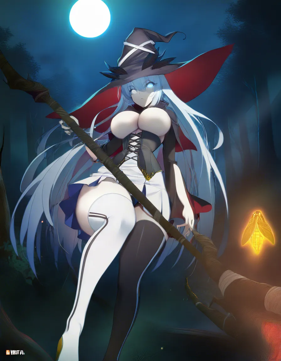 Anime fantasy moth witch big breasts wide hips light blue eyes pale skin black and white hair black and white corset black and white skirt black and white thigh high boots black and white witch hat black and white moth wings in a forest at night low lighting full moon, hentai_studio_quality, (anime style:1.3), 2d, anime screencap, cel shading, flat color, (anime style:1.3), 2d, anime screencap, cel shading, flat color, @00osamio00
