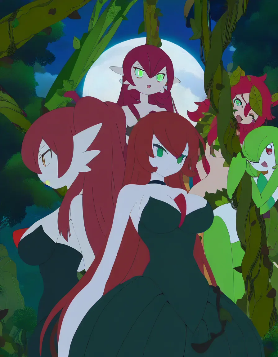 Anime gardevoir as poison ivy big breasts wide hips green eyes white skin red hair green plant leaf leonard in a jungle at night low lighting full moon, (anime style:1.3), 2d, anime screencap, cel shading, flat color, @00osamio00