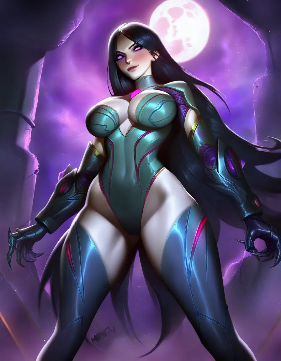 Anime league of legends Kai'sa big breasts wide hips purple eyes pale skin long black hair dark gray organic body suit black organic Thigh high boots Black organic long gloves and gauntlets in a room at night low lighting full moon soft smile Blushing a little, hentai_studio_quality