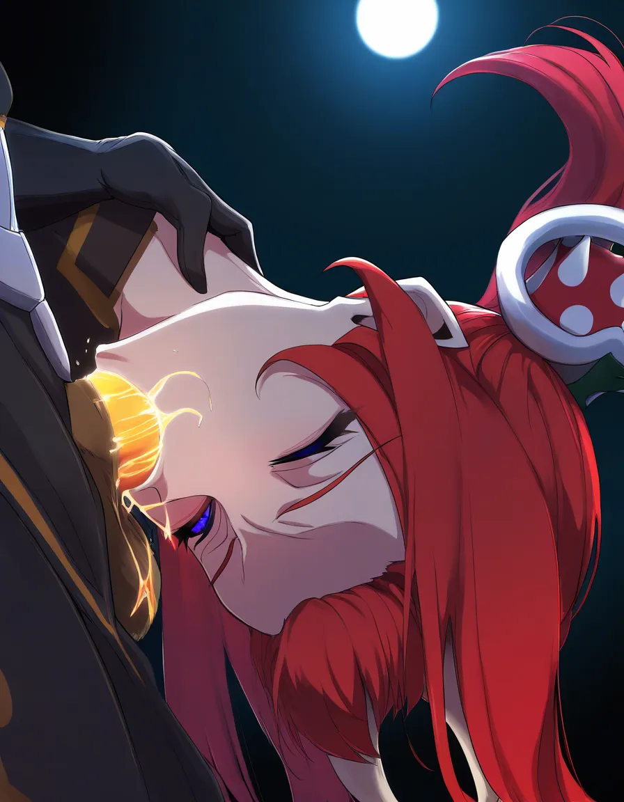 Anime bowsette blue eyes light skin red hair pony tail curved white horns gold super crown black leonard in a room at night low lighting full moon eyes closed deep throat All the way to the base, hentai_studio_quality