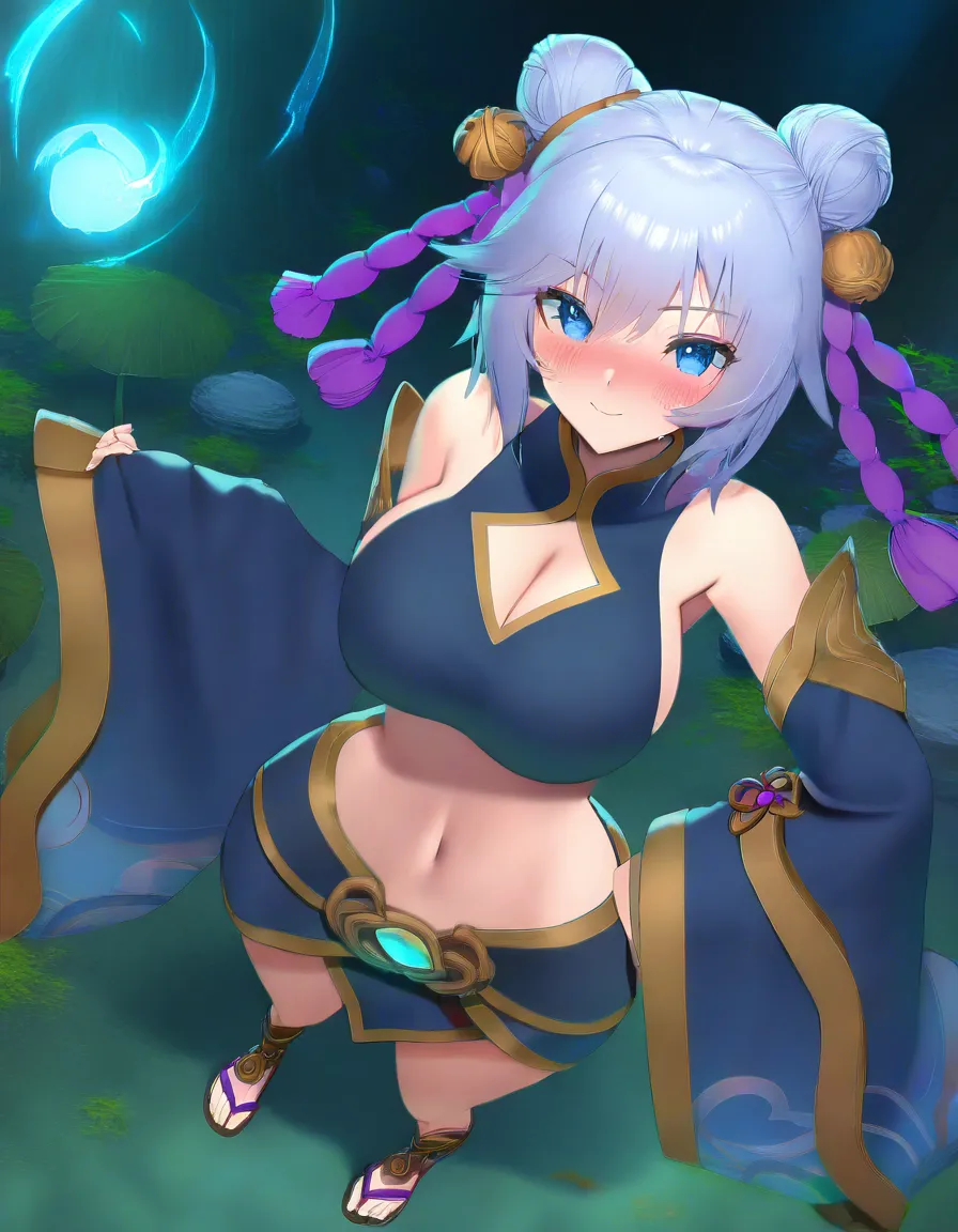 Anime league of legends yunara big breasts wide hips blue eyes light skin lavender hair hair buns white Baggy monk pants sandals dark blue Monk and gold crop top in a Forest temple With a Lotus tree sun set low lighting soft smile Blushing a little, (anime style:1.3), 2d, anime screencap, cel shading, flat color, score_9, score_8, 3d render, octane render, subsurface scattering, ray tracing, smooth shading, score_9, score_8, 3d render, octane render, subsurface scattering, ray tracing, smooth shading