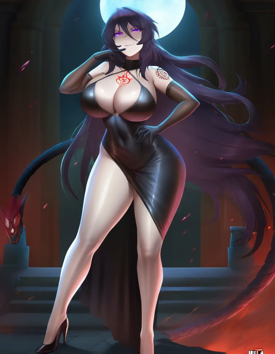 Anime fullmetal alchemist lust big breasts wide hips purple eyes pale skin dark hair black dress black heels long black gloves red Ouroboros symbol Tattoo over her Cleavage deep Cleavage in a room at night low lighting full moon sexy pose hand on hip Seductive smile, hentai_studio_quality
