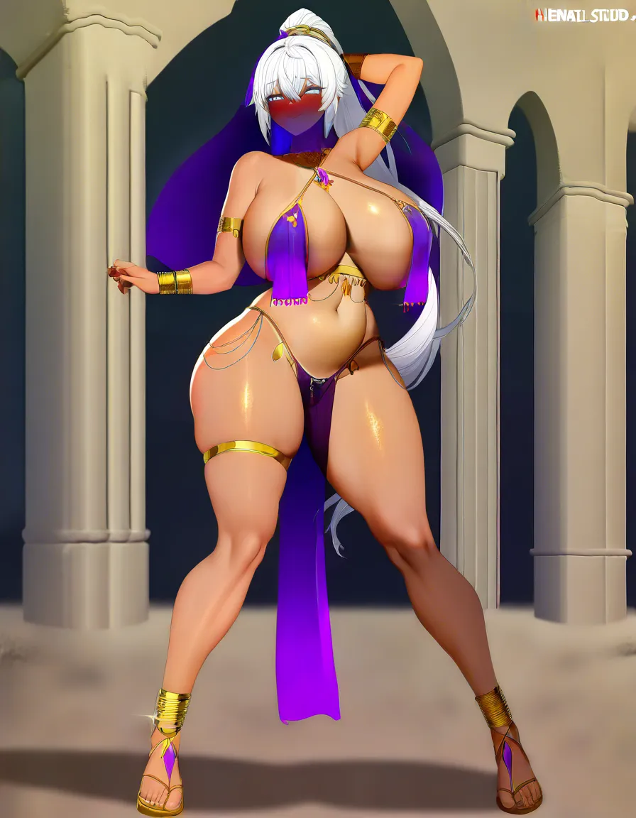 Anime female harem belly dancer big breasts wide hips violet eyes tan skin white hair ponytail See through purple veil purple and gold bikini top gold panties See through purple loin cloth gold Sandals Gold bracelets Gold anklets in a Desert temple Sunset low lighting soft smile blushing a little sexy dancing pose, hentai_studio_quality, (anime style:1.3), 2d, anime screencap, cel shading, flat color, score_9, score_8, 3d render, octane render, subsurface scattering, ray tracing, smooth shading