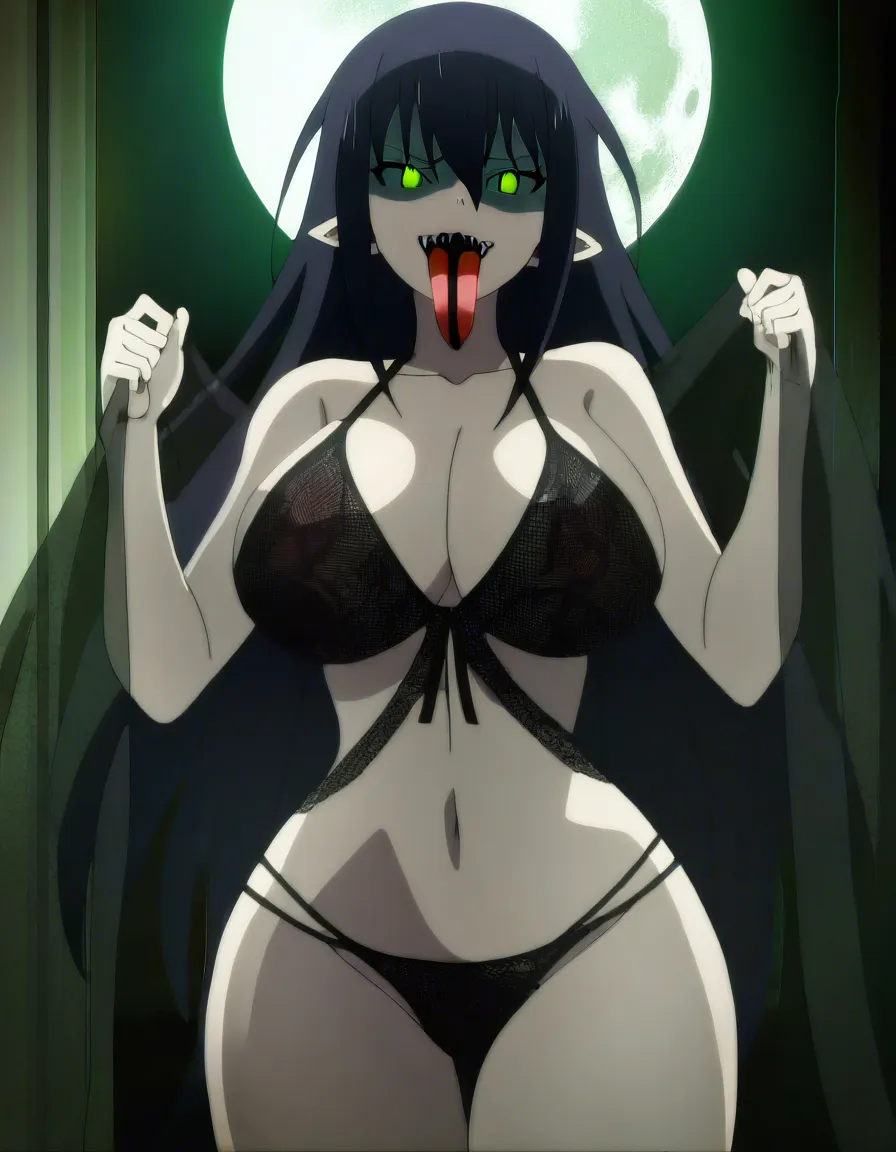 Anime serleena big breasts wide hips green eyes pale skin dark hair black lingerie see through gray Shawl in a room at night low lighting full moon with a long green striped alien tongue coming out of her mouth, hentai_studio_quality, (anime style:1.3), 2d, anime screencap, cel shading, flat color