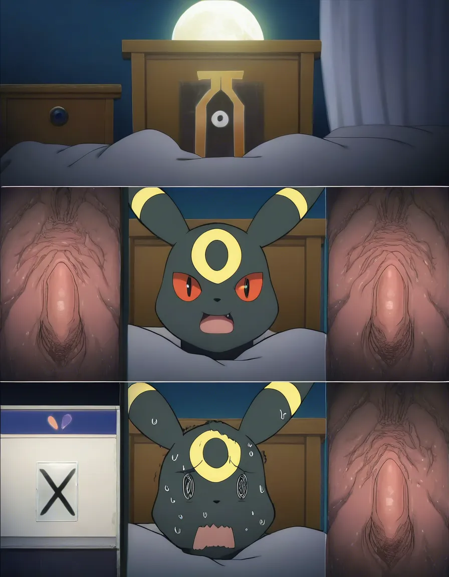 @umbreon lying on_bed looking_at_viewer nervous nervous_sweating x-ray full_moon on_back bedroom scared (anime style:1.3), 2d, anime screencap, cel shading, flat color, hentai_studio_quality