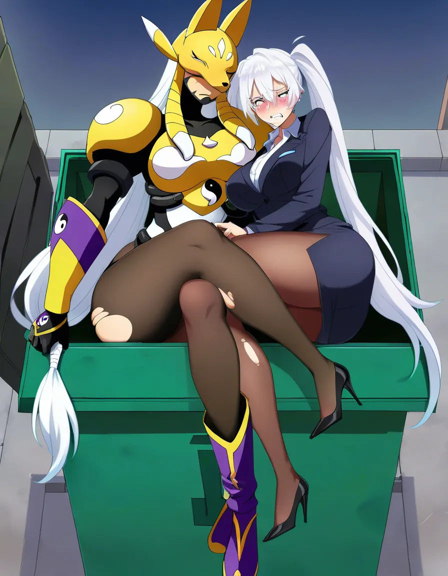 masterpiece, clean art, sakuyamon, thick_thighs, large_breasts, long_legs, very_long_hair, white_hair, twintails, hentai_studio_quality, embarrassed, torn_pantyhose, skin_tight, high_heels, office_lady, tears, dumpster, anal_object_insertion, on_floor, trembling, on_side, defeated,, hentai_studio_quality