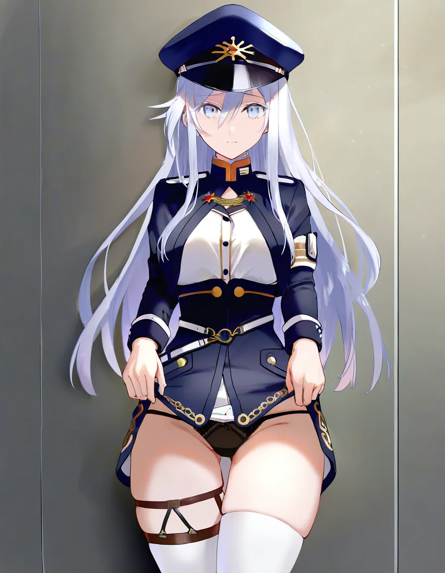 best quality,masterpiece,1girl,front view, looking at viewer,cowboy shot, vladilena millize(86 eithy six),silver hair,silver eyes,long hair,military uniform, skirt, military hat, gray clothes,skirt lift, black panties, white thighhighs, thigh strap, object in pussy, vibrator under clothes, vibrator cord, full-face blush, night, bedroom, opening door,, (anime style:1.3), 2d, anime screencap, cel shading, flat color, @00osamio00