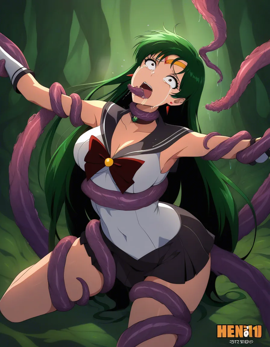 sailor_pluto, tentacles , fellatio , crying_with_eyes_open , scared, hentai_studio_quality