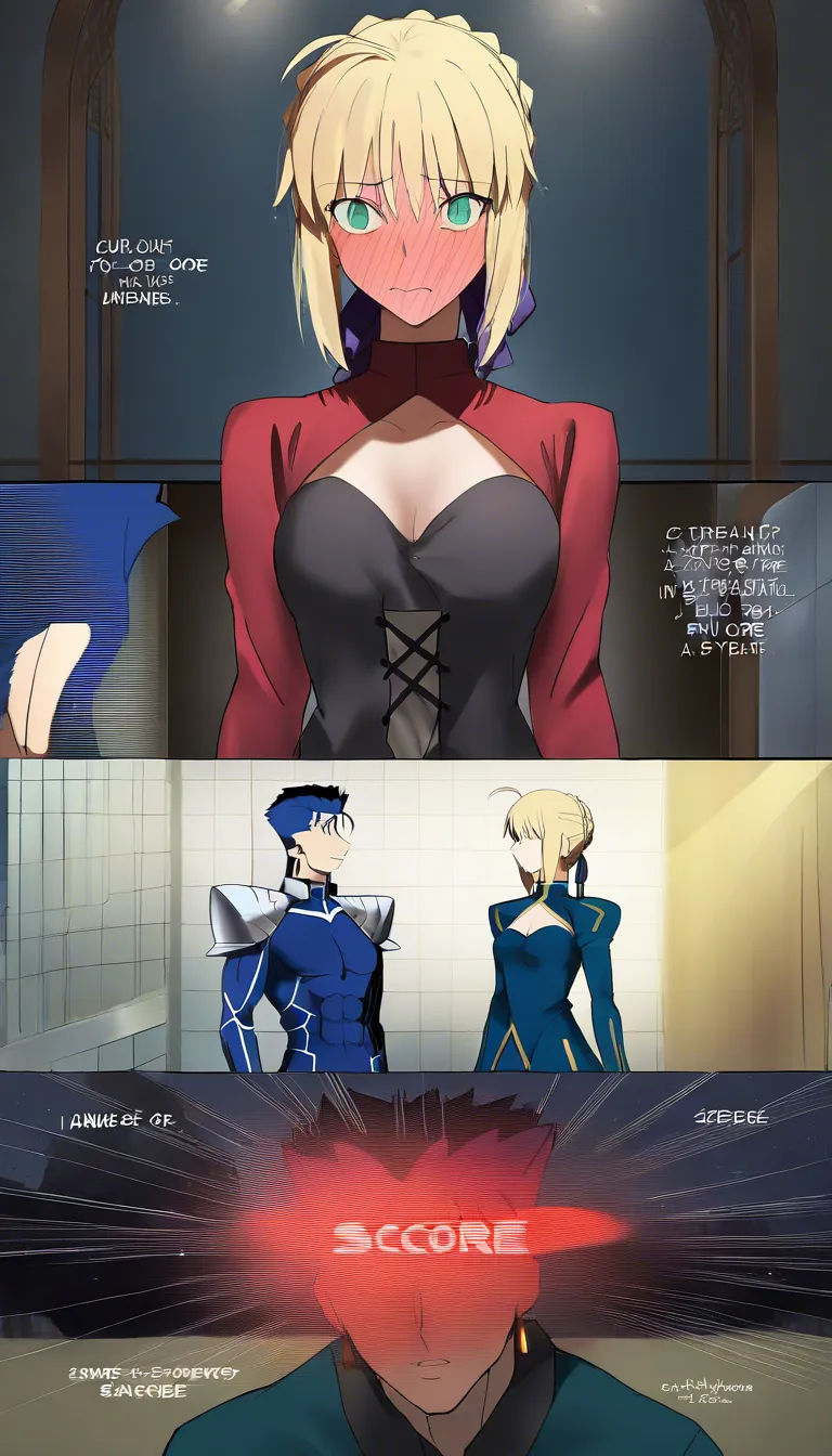 Masterpiece, best quality, ultra-detailed, detailed background, manga-style 4-panel layout, 4 scenes, Fate/stay night, Saber (Artoria Pendragon), Cú Chulainn, rich colors.
Scene 1: Saber (Artoria Pendragon), blushing with shame, kneels to perform fellatio on a grinning Cú Chulainn in a hotel bedroom. Scene 2: The woman is vigorously sucking his penis. Scene 3: The man wears an expression of intense pleasure. Scene 4: The grinning man ejaculates deep inside the woman’s mouth; she swallows the semen deposited deep in her throat. Includes Japanese sound effects, speech bubbles, and dialogue., hentai_studio_quality