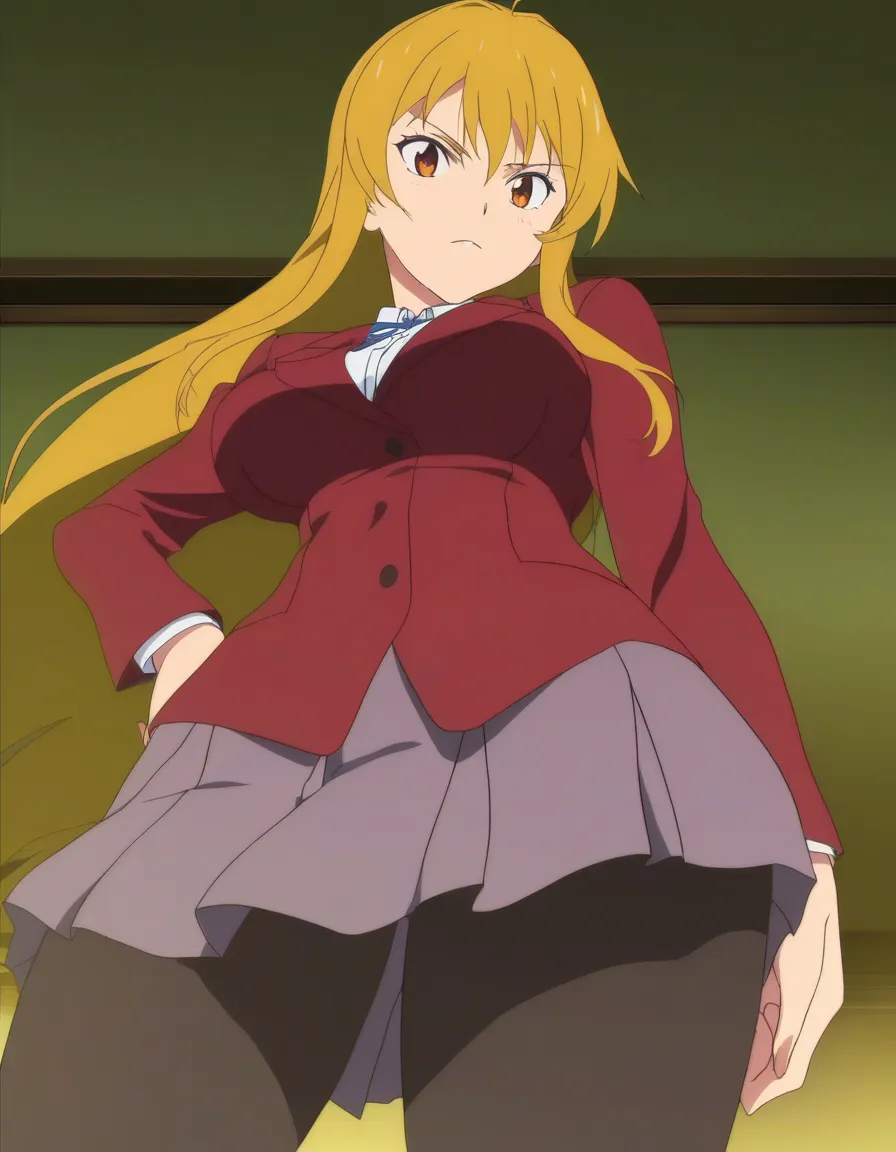 highres, vivid, milf, pantyhose, futanari, from below, detailed shading, (anime style:1.3), 2d, anime screencap, cel shading, flat color