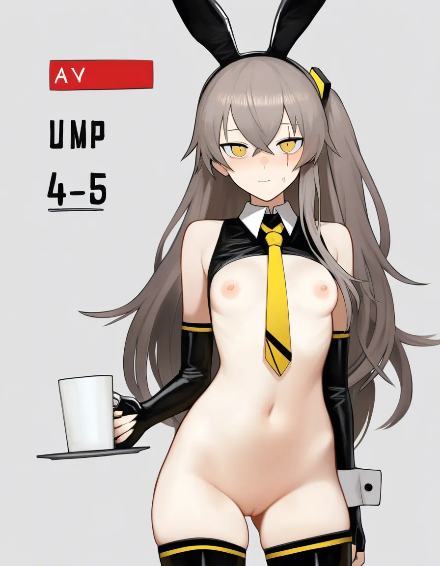 nsfw, ump45 from girls frontline, long light grey hair, yellow eyes, beautiful cool face, slim body, A cup small breasts, fair smooth skin, wearing extremely revealing black reverse bunny girl outfit, black bunny ears, yellow necktie with one black horizontal stripe at the tip, nipples and pussy completely exposed, missionary position, armpits , arms_up , legs spread wide, thick cock thrusting deep into her wet pussy, pussy lips stretched around the shaft, juices flowing, small breasts bouncing, lewd pleasure expression, heavy blush, clearly enjoying deep penetration, sex with man, 1 man, penis inside pussy, cock inside pussy, simple bedroom background, masterpiece, best quality, ultra detailed, 8k, sharp focus, front view, (anime style:1.3), 2d, anime screencap, cel shading, flat color