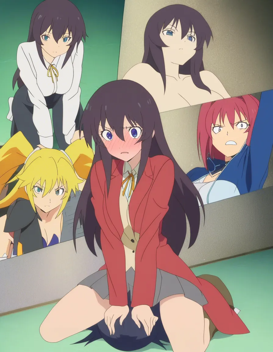 masterpiece, best quality, multiple girls, long sleeves, facesitting, submissive blush, anime style, (anime style:1.3), 2d, anime screencap, cel shading, flat color
