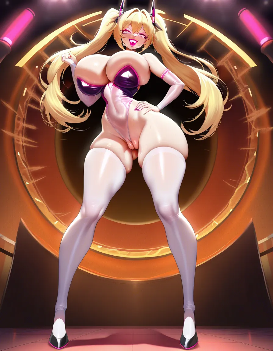 High quality, One character, over happy and giddy bimbo girl, facing forward standing upright, long blonde hair, twintails, pink eyes, giant puffy filled bimbo lips, pink lipstick, giant breast, small waist, huge giant ass, protruding pussy, long petite sexy legs, sexy bimbo clothes, (scene: in the back of a alley way at night), (pose: doing peace sign with both hands), hentai_studio_quality