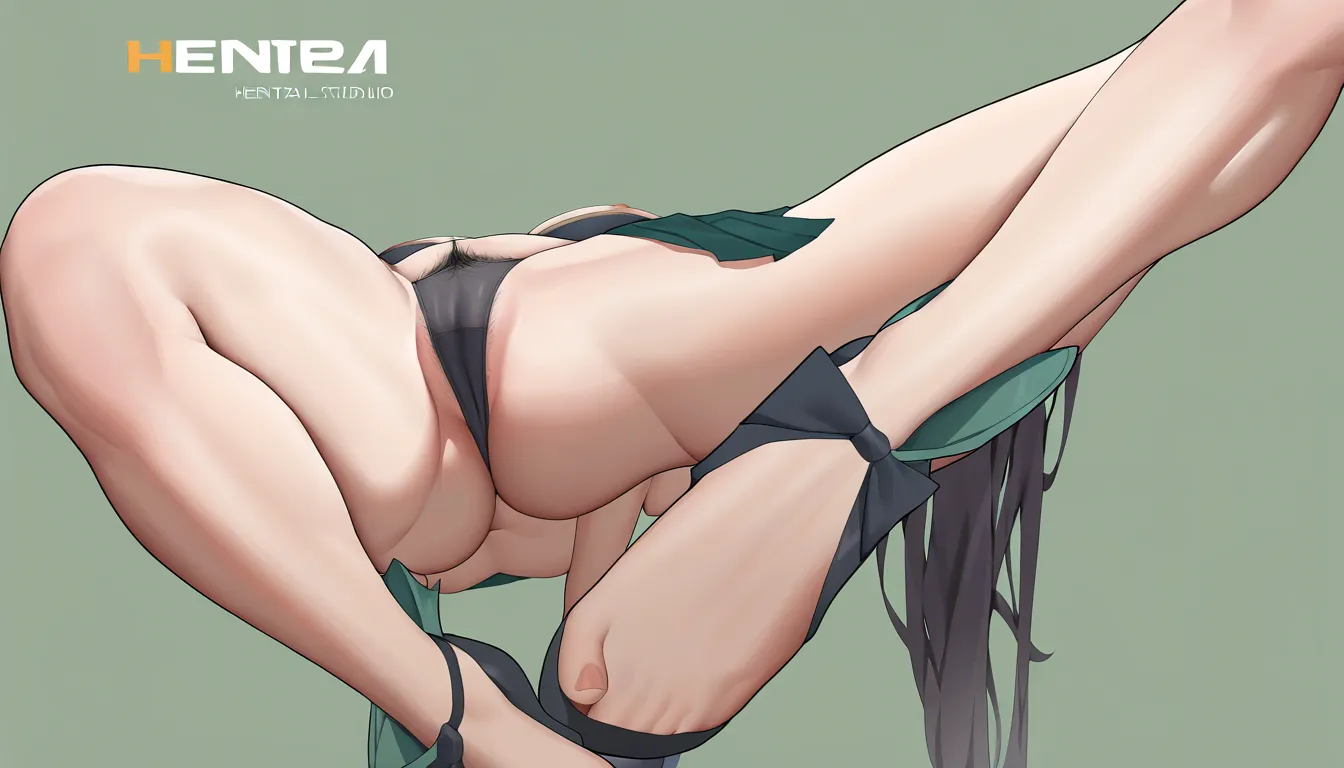 Anime female character, tattered clothing, solid green background, large breasts, camel toe, pubic hair, long legs, full-body shot.