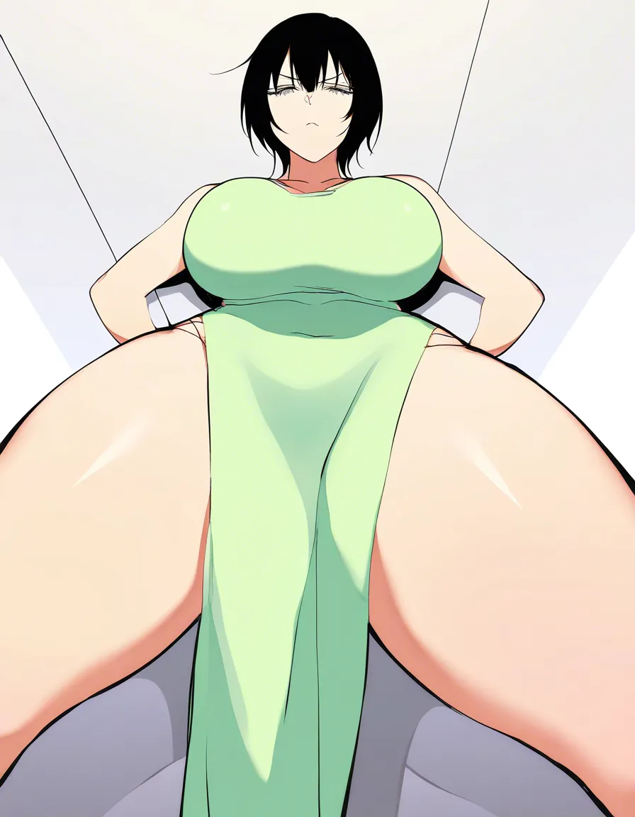 1girl, Short black hair, gray eyes, large, round breasts, thick thighs, tight green dress, arms_behind_back, serious expression, white background. 


(SinityAI), hentai_studio_quality