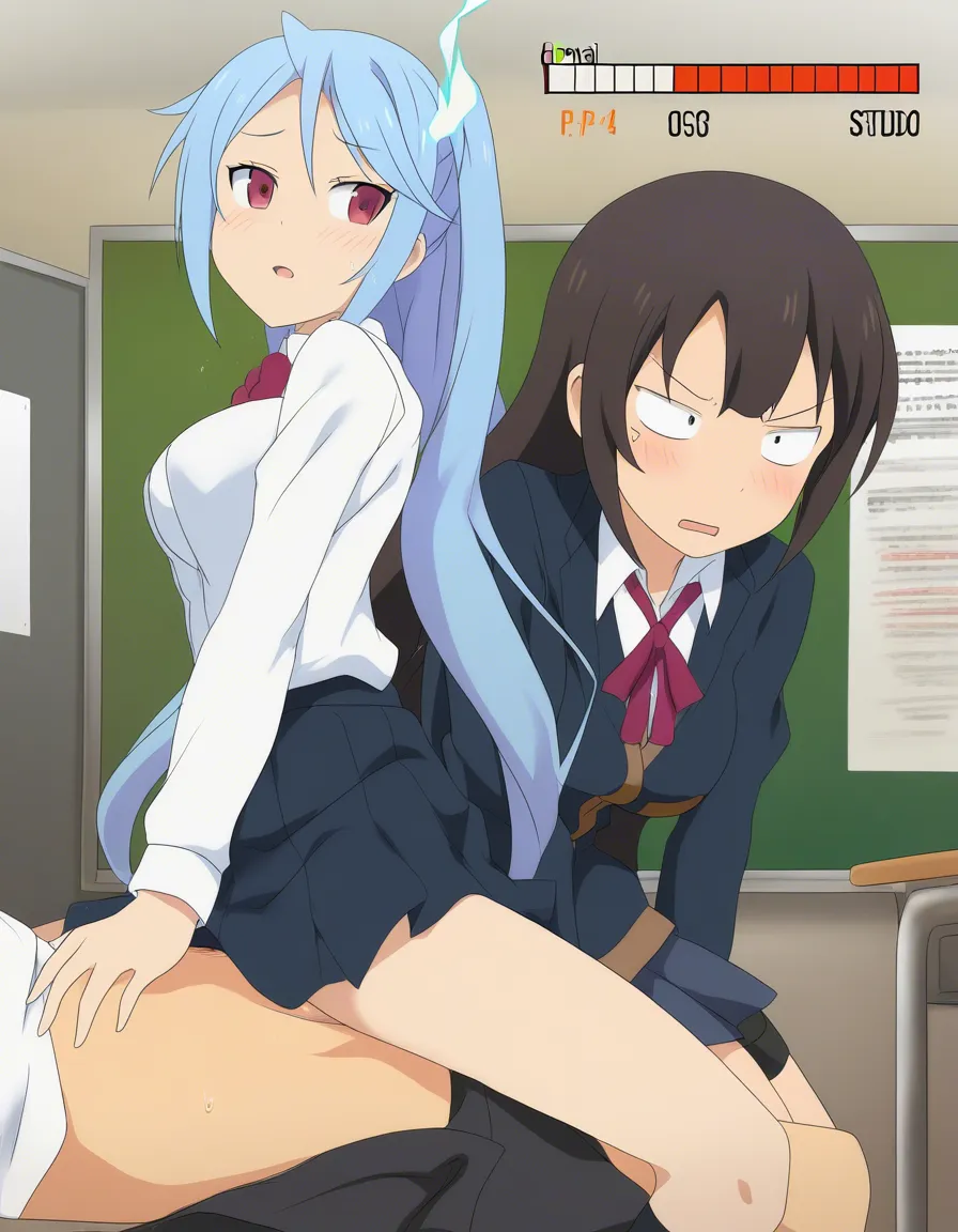anime style, 19 year old girl in school uniform grinding on a boy’s lap, both fully clothed, classroom, detailed, high quality, hentai_studio_quality