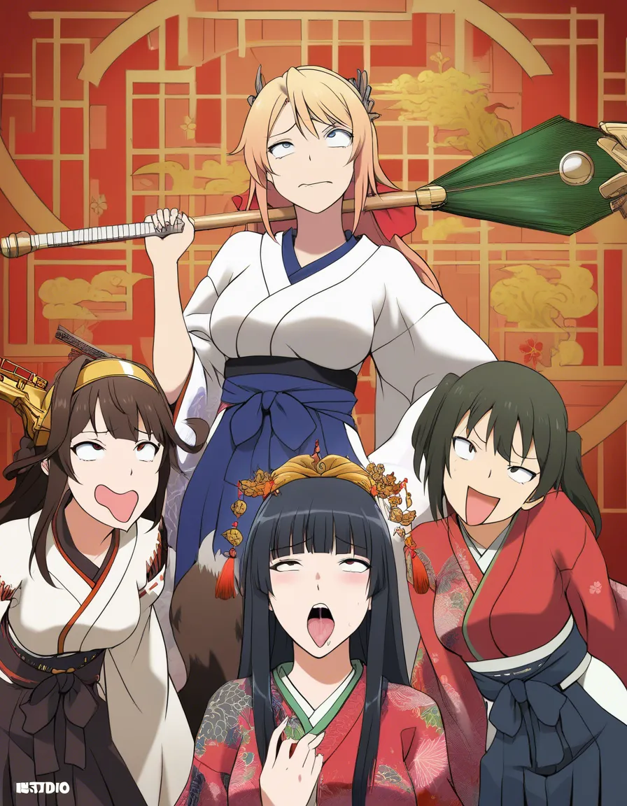 masterpiece, fine detail, 4girls, japanese clothes, ahegao, over the shoulder, detailed shading, hentai_studio_quality