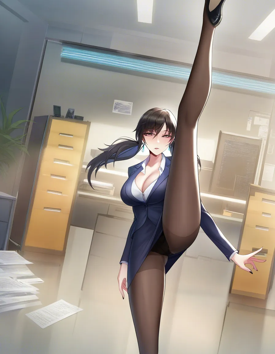ultra HD, lifelike, office lady, twintails, earrings, leg up, cinematic realism,Girl,Brown half-closed_eyes, hentai_studio_quality