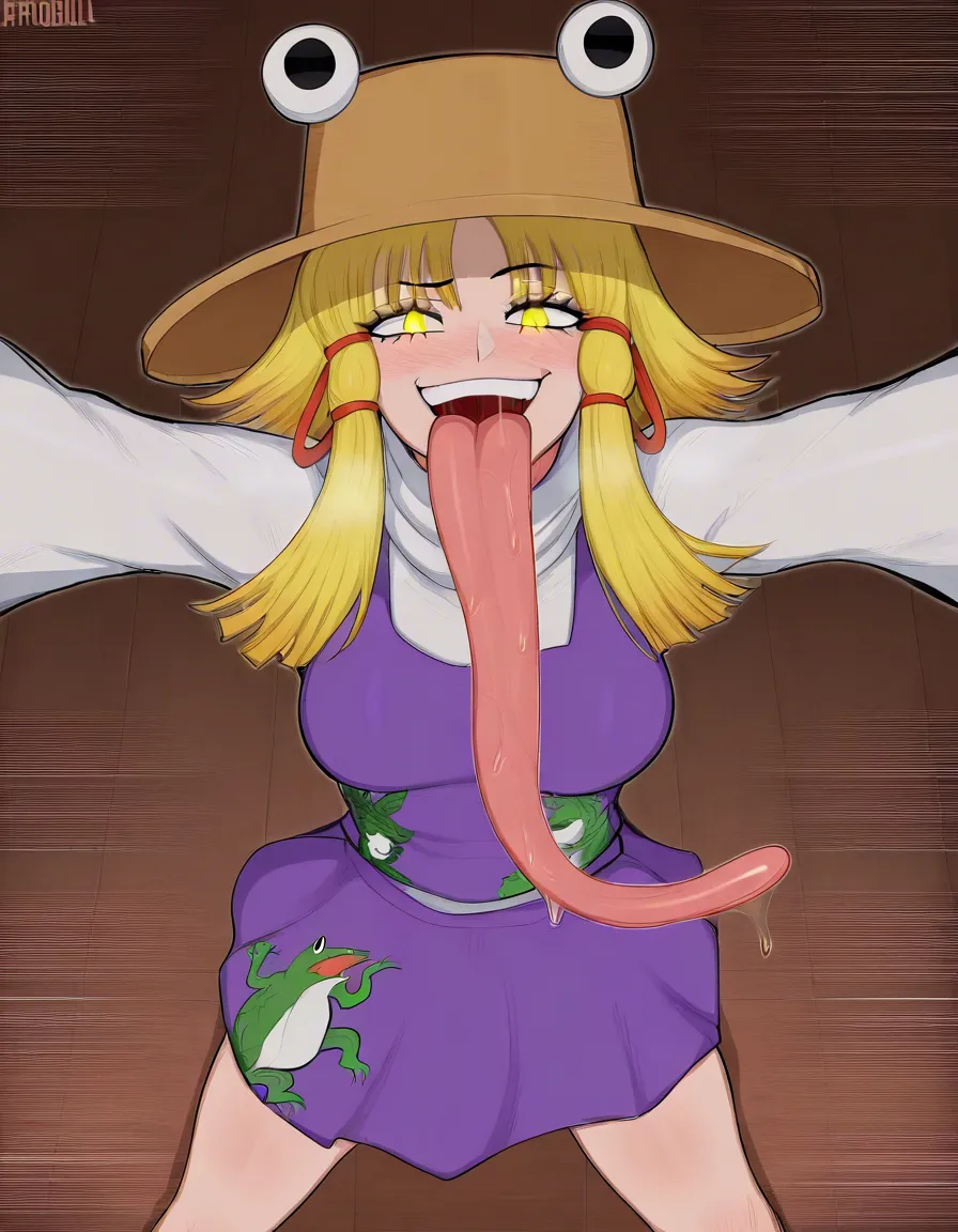 afrobull_artstyle, @moriya_suwako, 1girl, aged_up, medium_breasts, long_tongue, very_long_tongue, tongue_out, saliva, drooling, naughty_face, looking_down, looking_at_viewer, eye_contact, from_below, pov, (anime style:1.3), 2d, anime screencap, cel shading, flat color, @00osamio00