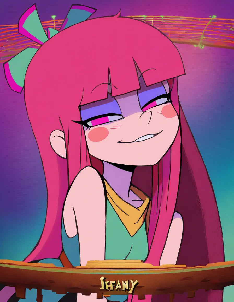 official_art, retro_artstyle, @giffany, gravity_falls, 1girl, clothed, pink_hair, blunt_bangs, blush_stickers, sidelocks, very_long_hair, pink_eyes, round_face, round_eyes, naughty_face, come_hither, grin, heart-shaped_pupils, large_breasts, cleavage, school_uniform, serafuku, striped_collar, rainbow_sailor_collar, pleated_skirt, aqua_skirt, white_serafuku, white_thighhighs, pink_shoes, looking_at_viewer, eye_contact, fourth_wall, breaking_fourth_wall, leaning_forward leaning_towards_viewer, pov, erection, hentai_studio_quality