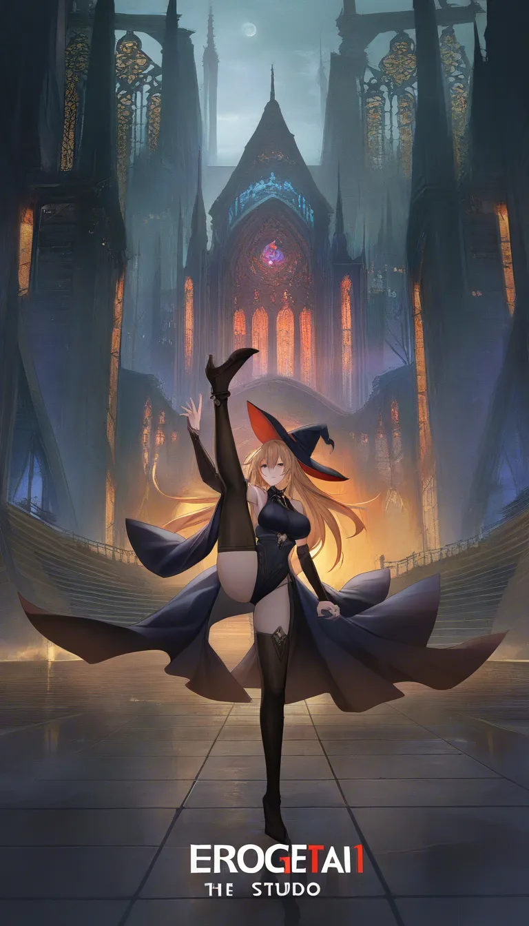 best quality, polished, witch, detached sleeves, leg up, wide shot, eroge aesthetic, hentai_studio_quality