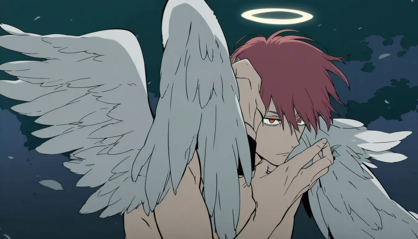 chainsaw_man_style, tatsuki_fujimoto_style, anime_screencap
angel_devil_(chainsaw_man). 1femboy, male, long_red_hair, angel_wings, halo, androgynous, on bed.