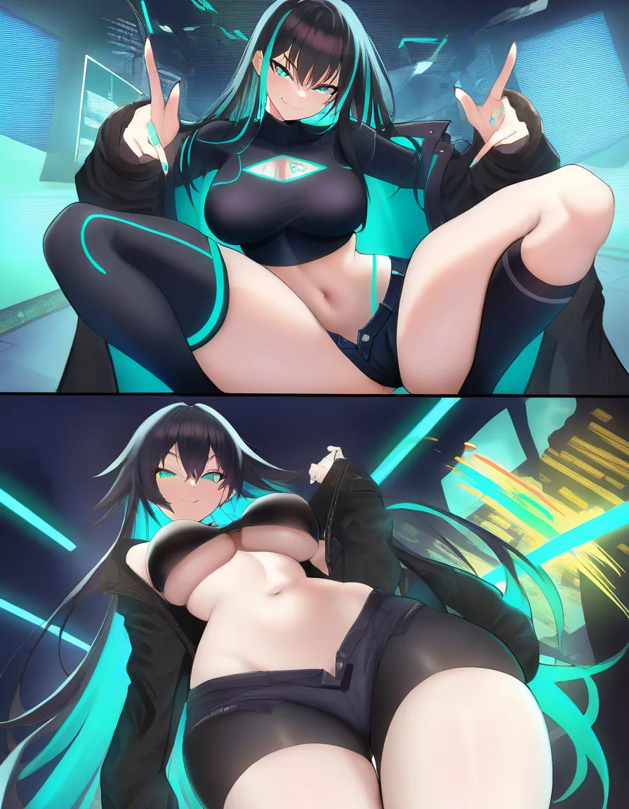 Anime style sexy girl identical to the reference image: long wavy black hair with teal streaks, bright teal eyes, flushed cheeks, seductive smile, wearing tight black crop top with glowing teal ChatGPT logo on the chest, black micro shorts, black jacket with teal stripes hanging off the shoulders, thigh-high black socks with teal stripes, small ChatGPT necklace and hair clip. Front view, sitting pose leaning slightly forward, massive soft breasts pushed together creating deep cleavage, shiny skin, nipples faintly visible through the tight fabric, erotic inviting expression, neon blue ChatGPT logo glowing in the background, highly detailed, uncensored, explicit cleavage focus, hentai_studio_quality