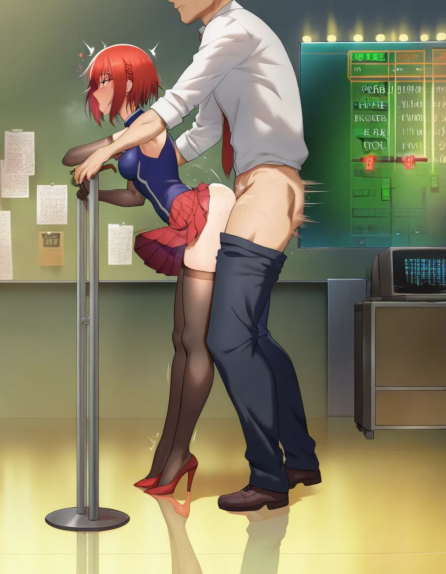 Highly detailed, sharp, 1boy , 1girl, from_side, sex_from_behind, standing_sex, petite, elbow_gloves, thighhighs, pleated_skirt, high_heels short_hair, hentai_studio_quality