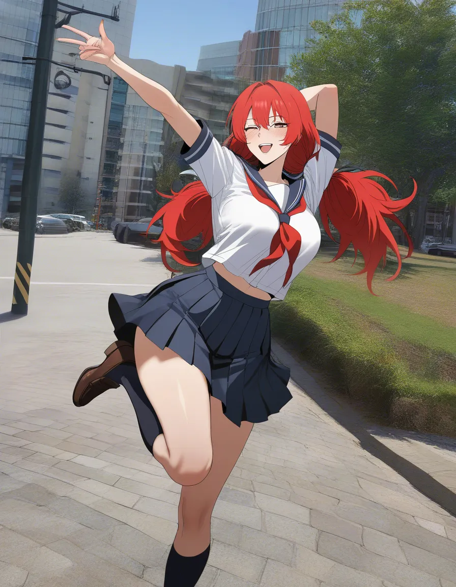 professional photo, high detail, redhead woman, twintails, skirt, leg up, natural skin texture, hentai_studio_quality