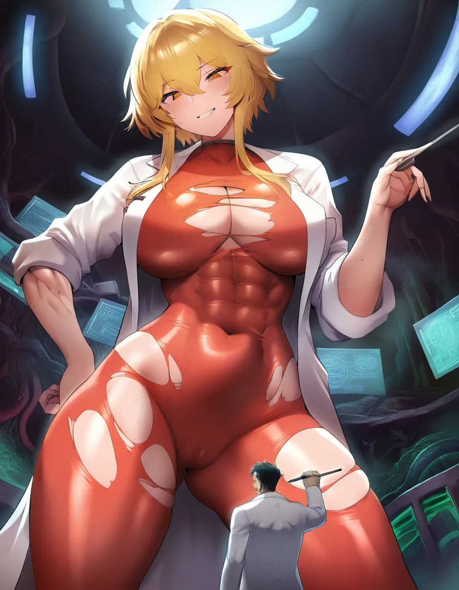 Giant muscular_female, petite male, male stubble, adults, extreme size_difference, femdom, male scientist lab_coat, female skin_tight torn_clothes jumpsuit holes, female torn_shirt, female blonde_hair short_hair_with_long_locks , underground lab, lab experiment, science_fiction , pinned male against_wall, assertive_female, serious dominant female looking_at_another, nervous blush male looking_up , breast_press, male black medium_hair, female abs, female big biceps, female big shoulders, female thick_thighs, female huge_ass, female wide_hips, huge_breasts, gigantic tall female, male narrow_waist, scary female, domination, eye_contact, aged_up, hentai_studio_quality