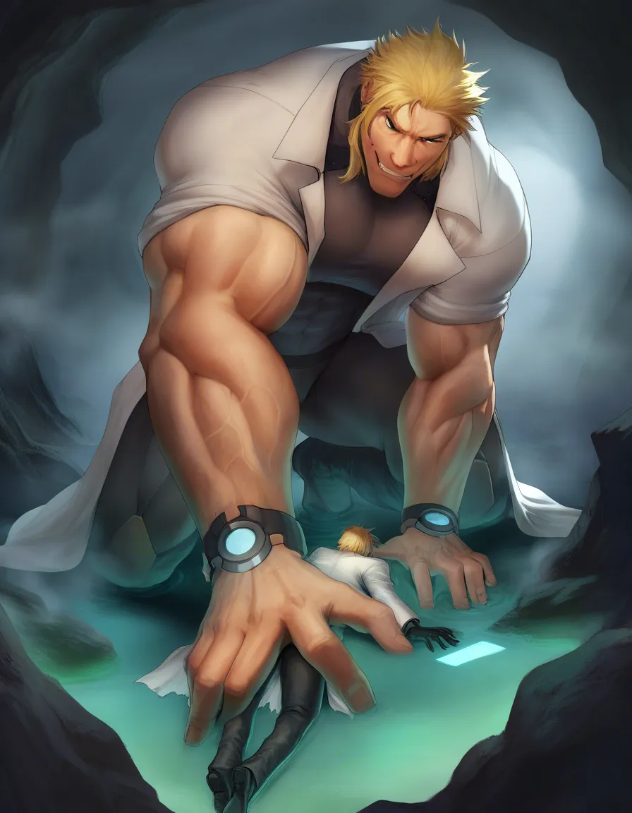Masterpiece, Giant muscular_female, petite male, adults, extreme size_difference , female torn_clothes , female blonde_hair short_hair_with_long_locks , male scientist lab_coat, underground lab, fog, science_fiction , femdom, pinned male against_wall, assertive_female, serious female looking_at_another, nervous blush male looking_up , breast_press, male black medium_hair, female abs, female big biceps, female big shoulders, female thick_thighs, female huge_ass, female wide_hips, huge_breasts, male narrow_waist, male stubble, throat lift, female carrying male, domination, eye_contact, aged_up, hentai_studio_quality