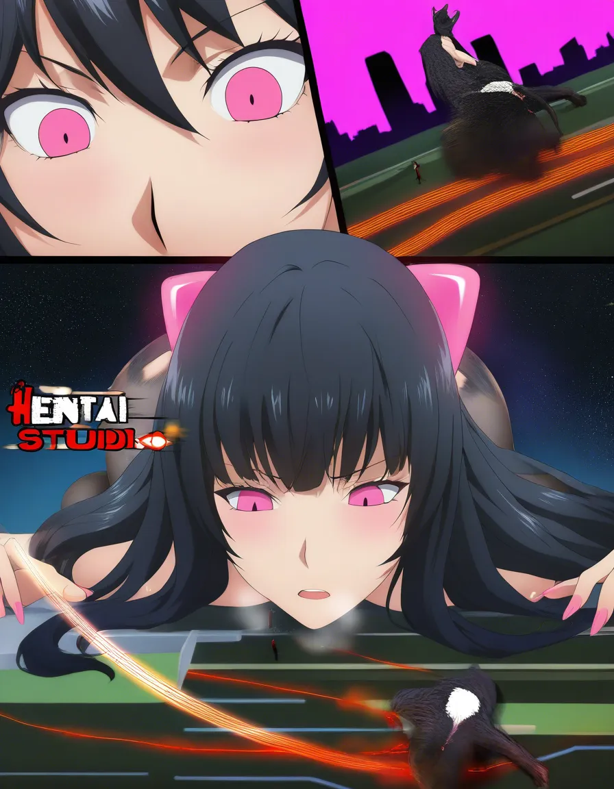 black_hair, pink_eyes, giantess, cat_girl, on_back, on_bed, sex, 1girl, 1boy, hentai_studio_quality