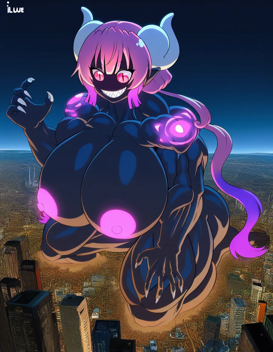 @ilulu_(maidragon), muscular female, nude, huge breasts, huge muscles, hyper muscles, extreme muscles, full_body, macro, giantess, outdoors, city on background, sharp fingernails, in color, evil_smile, hentai style, body in tattoos, glowing tattoo, glowing nipples, glowing pussy, glowing hair, tail, extreme lactation, lactation in lava, hentai_studio_quality
