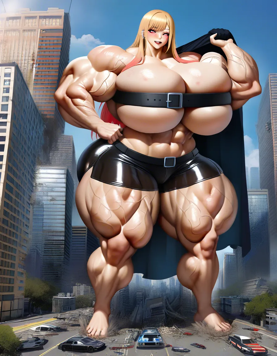@kitagawa_marin, naked, nude, futuristic female soldier, cape, gigantic breasts, muscular_female, gigantic muscles, huge muscles, extreme muscles, huge female, cityscape, city destruction, flexnig, 5 fingers, 5 toes, dirty female, veins bulge, belt bra, micro_shorts, latex shorts, buckle, garter_straps, garter_belt, /ultra_detailed, /masterpiece, /est_quality, hentai_studio_quality