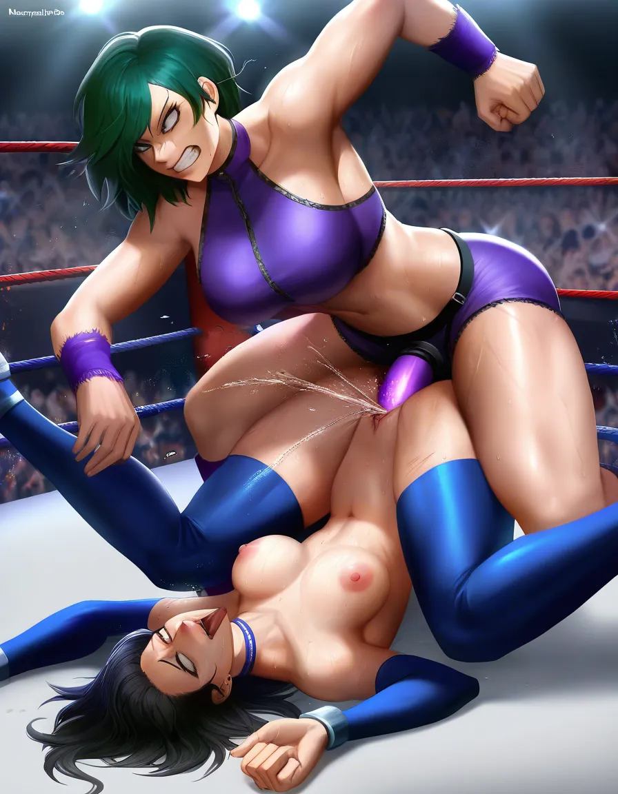 Midnight_(my_hero_academia) , Neapolitan_(rwby) , orgasm , wrestling, strapon , vaginal_object_insertion , catfight , squirting , ahegao , defeated, sweat , #realistic,, piledriver_position,,, hentai_studio_quality
