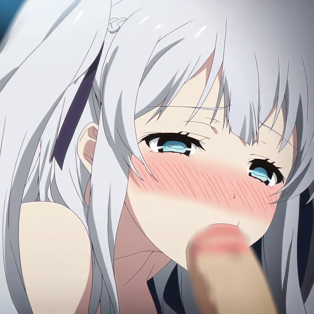 Silver hair, hair hair_ribbon blur eyes cute face giving a pov blowjob blush