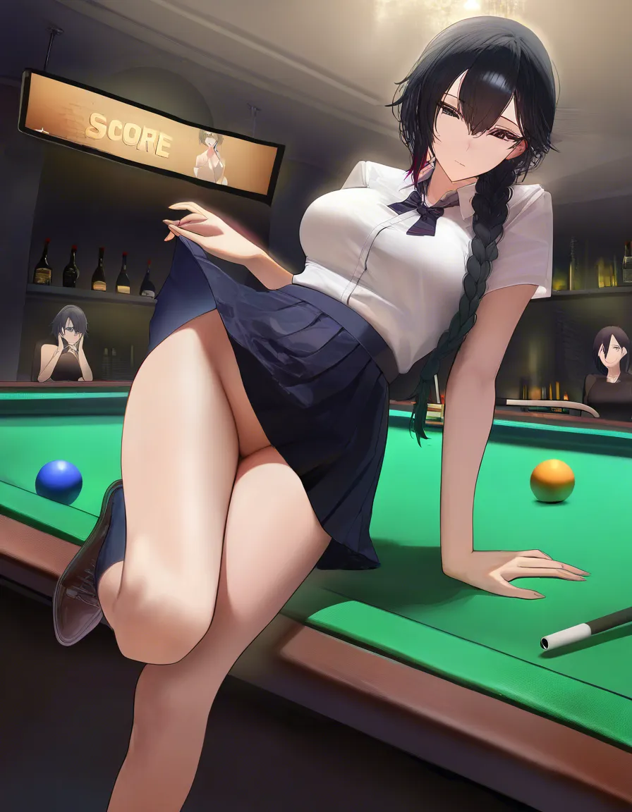 1woman on her own ,  Slim woman, braided black hair,  in bar, stretching over pool table, with hands on table, head looking down, holding pool cue, bottom towards viewer, seen from_behind, no panties . Wearing very short pleated skater skirt  and thin white blouse . One leg lifted up stright behind her, lifting skirt hem. Seen from behind, skirt up ,  showing pussy, no_panties , large labia,, view from_behind, score_9, score_8, 3d render, octane render, subsurface scattering, ray tracing, smooth shading