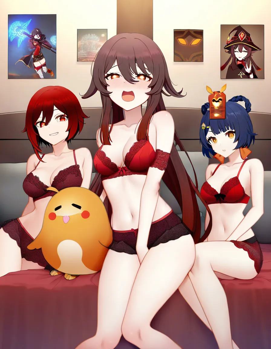 @xiangling_(genshin_impact), @hu_tao_(genshin_impact), @megumin, lingerie, sitting on bed as a group facing viewer, @ruby_rose, @shinomiya_kaguya, looking pleasured, /hentai_studio_quality, hentai_studio_quality