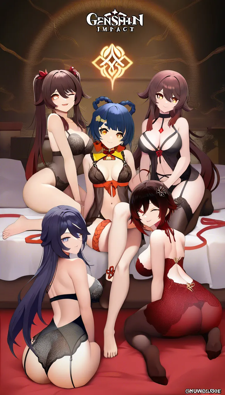 @xiangling_(genshin_impact), @hu_tao_(genshin_impact), @ruby_rose, @shinomiya_kaguya, lingerie, sitting on bed as a group facing viewer, /hentai_studio_quality, hentai_studio_quality, multiple_girls, hentai_studio_quality, hentai_studio_quality