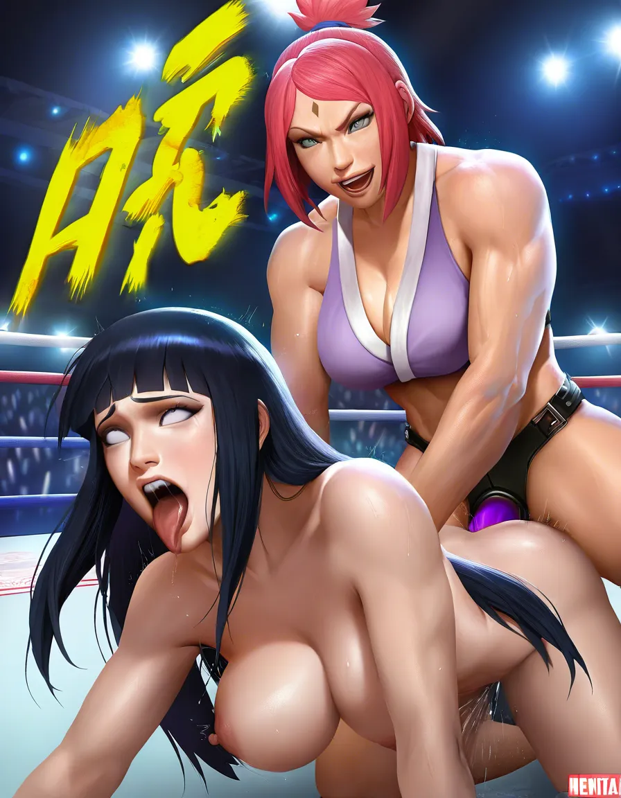 2girls , @hyuuga_hinata , @haruno_sakura , orgasm , wrestling, strapon , vaginal_object_insertion , catfight , squirting , ahegao , defeated , anal_object_insertion , #realistic,, hentai_studio_quality