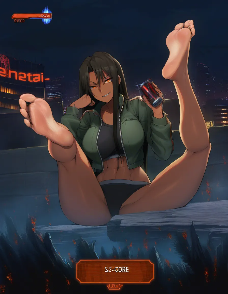 highres, vivid, fitness model, soles, jacket, spread legs, night, smoldering look, visual novel art, hentai_studio_quality