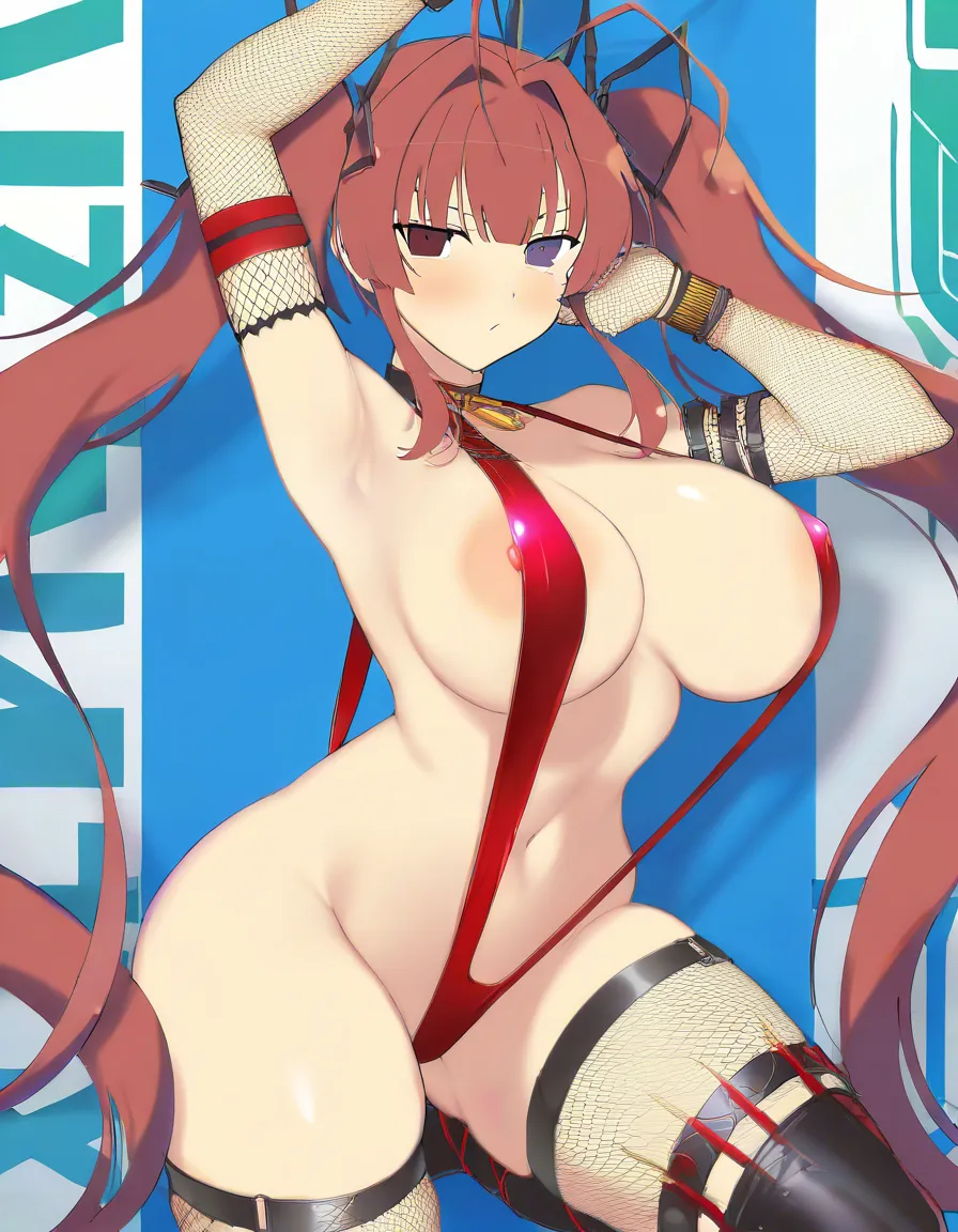 Hentai anime style, @Ryoubi_(Senran_Kagura) 
but slutty and busty , she has a barely very thin glossy dark red stripped slingshot swimsuit with areola nipple_slip with both red fishnets thigh highs and red fishnet arm stockings, shes a fit lean body slut bimbo bad_anatomy , she is caught in the act much embarassed with wide eyes and bit surprised and caught silly while shes arms up armpits, in from_side, with massive breasts, busty f-cup chest size, bad_anatomy, busty, massive huge ass, with massive thick_thighs. In the bathroom. Full body, standing, sexually_suggestive, ecchi style, accurate extreme detail hentai style, anime, absurd shadow shading, very absurd cel shading, extremely glossy artstyle, art, absurd lighting, absolutely over exaggerated body proportions, extremely_hyper_leaner_and_fitter_body, gigantic_massive_breasts_bigger_than_head, huge_thighs, extremely lean waist, fit body type, extremely_massive_breasts, solo, leanest waist and body, accurate suggestion, /sharp_focus /best_quality /sharp_focus, hentai art style lines, hentai-style flat color, raw hentai style, (anime style:1.3), 2d, anime screencap, cel shading, flat color