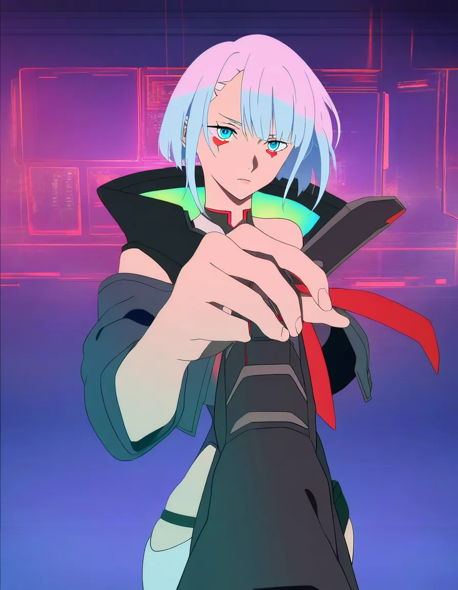 @lucy_(cyberpunk) solo 1girl pov, (anime style:1.3), 2d, anime screencap, cel shading, flat color, @00osamio00