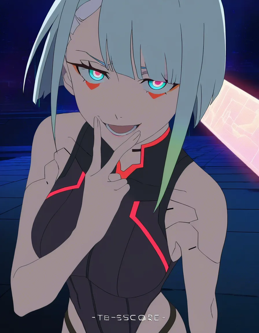 @lucy_(cyberpunk) solo 1girl pov naughty_face, (anime style:1.3), 2d, anime screencap, cel shading, flat color, @00osamio00