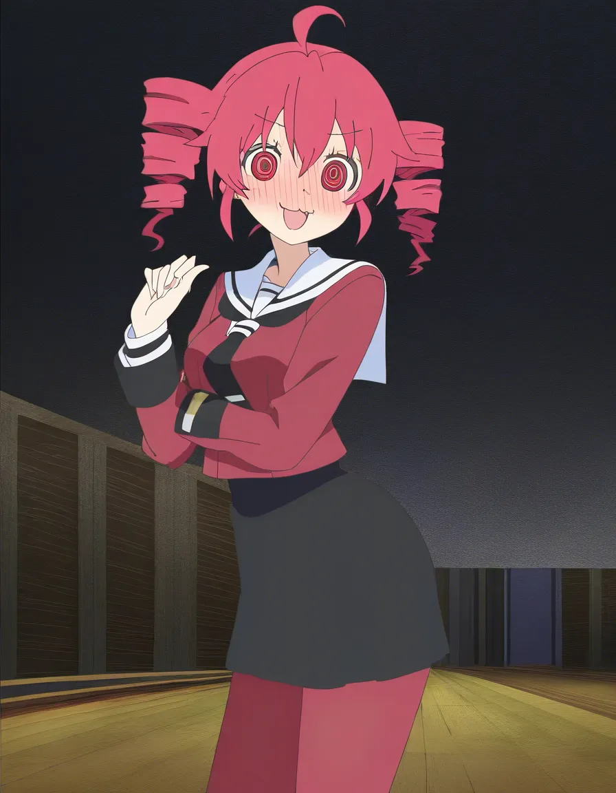 @kasane_teto ass naughty_face 1girl solo blush happy full_body, (anime style:1.3), 2d, anime screencap, cel shading, flat color, @00osamio00