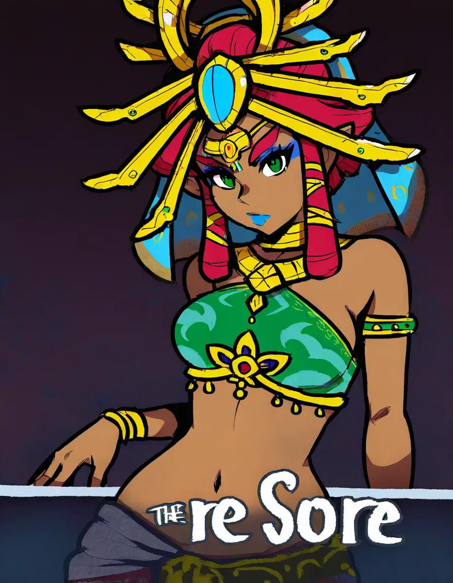 #akairiot_artstyle, @riju, the_legend_of_zelda, 1girl, solo, gerudo, aged_up, medium_breasts, red_hair, short_hair, sidelocks, crown, tiara, makeup, dark-skinned_female, pointy_ears, blue_lips, blue_nails, green_eyes, smug, ass, standing, nude, full_body, from_behind, hentai_studio_quality