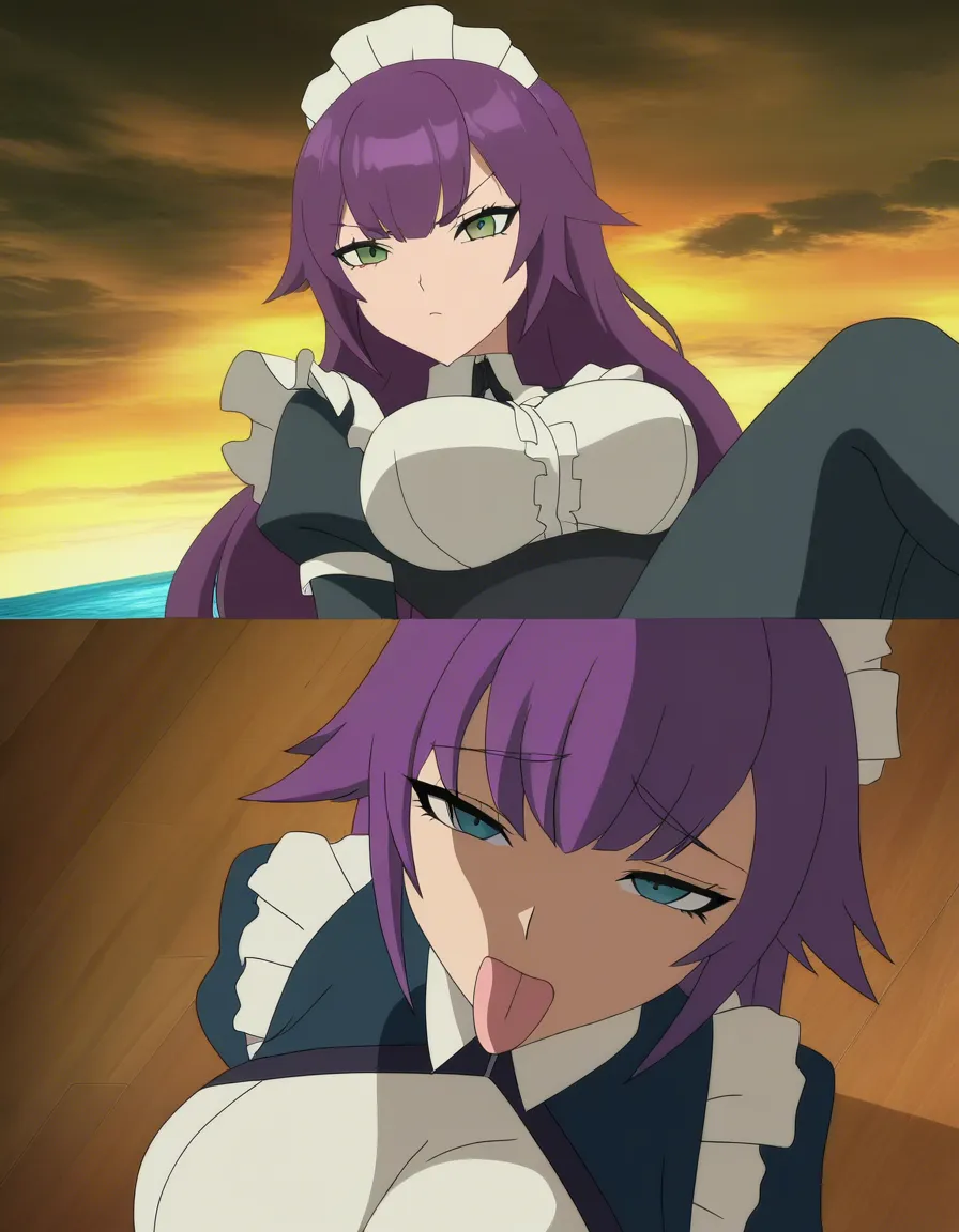 @jinx_(league_of_legends) ultra detailed shading, maid, lying on bed, blowjob, large breasts, purple hair, ocean, anime style, (anime style:1.3), 2d, anime screencap, cel shading, flat color
