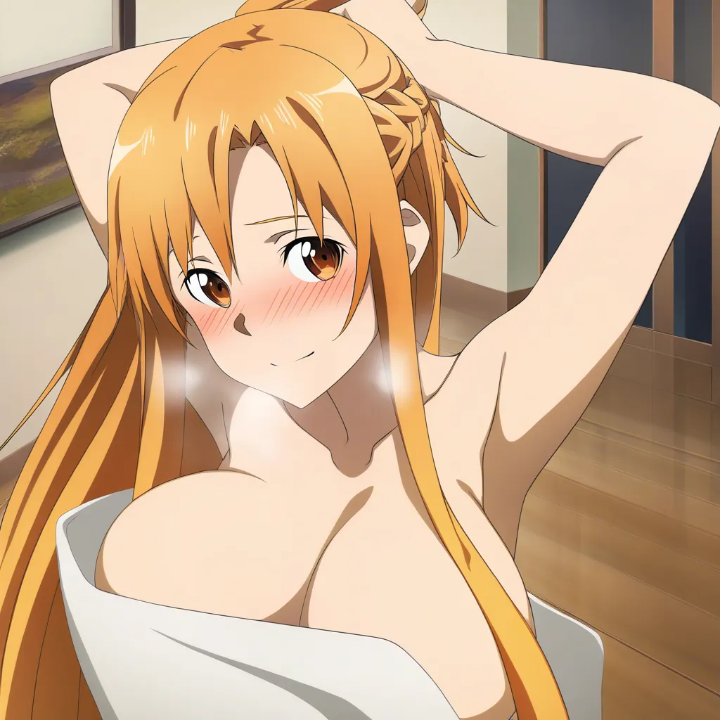 Yuuki Asuna from Sword art Online, Original Anime Style, blunt bangs, long hair, straight hair, Arms Behind Head Tying hair, Naked, sideways glance, embarrassed, blush, light smile, large breasts, collarbone, heavy breathing, Living Room,, hentai_studio_quality